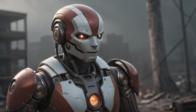 solo,red eyes,1boy,upper body,male focus,blurry,orange eyes,no humans,blurry background,glowing,robot,building,mecha,glowing eyes,colored sclera,science fiction,city,android,black sclera,cable,cyborg,humanoid robot,portrait,ruins,robot joints