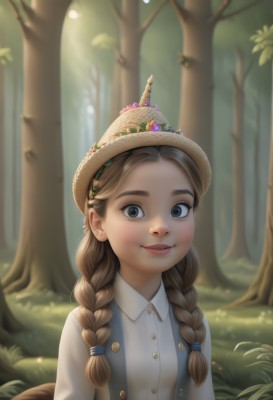 1girl,solo,long hair,breasts,looking at viewer,smile,blue eyes,brown hair,shirt,long sleeves,hat,twintails,white shirt,upper body,braid,flower,small breasts,outdoors,parted lips,day,collared shirt,artist name,blurry,vest,twin braids,tree,lips,buttons,depth of field,blurry background,sunlight,grass,nature,hair over shoulder,forest,freckles,hair tie,straw hat,hat flower,open mouth,bangs,dress,teeth,thick eyebrows,gem,nose