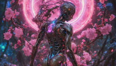 1girl, solo, ass, flower, from behind, tree, glowing, moon, robot, cherry blossoms, science fiction, branch, humanoid robot