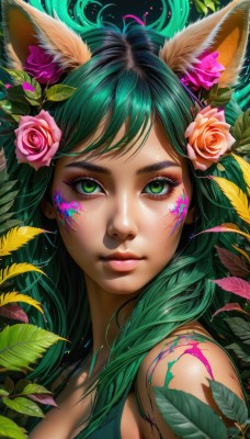 1girl,solo,long hair,breasts,looking at viewer,smile,bangs,hair ornament,animal ears,cleavage,bare shoulders,medium breasts,closed mouth,green eyes,upper body,flower,green hair,artist name,cat ears,hair flower,lips,animal ear fluff,fox ears,eyelashes,tattoo,makeup,rose,leaf,watermark,facial mark,plant,lipstick,portrait,web address,pink flower,eyeshadow,freckles,pink lips,realistic,nose,eyeliner,facepaint,vines,pink rose,mascara,feathers,dirty