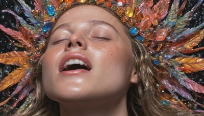 1girl,solo,long hair,open mouth,simple background,brown hair,hair ornament,closed eyes,teeth,shiny,mole,lips,eyelashes,makeup,upper teeth only,feathers,black background,gem,portrait,freckles,realistic,nose,blue gemstone,shiny skin,close-up