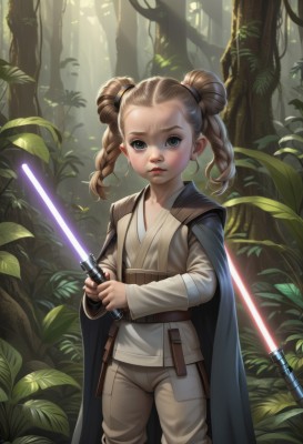 1girl,solo,looking at viewer,blonde hair,brown hair,holding,twintails,standing,weapon,braid,outdoors,belt,sword,hair bun,cape,holding weapon,twin braids,tree,lips,grey eyes,cosplay,double bun,holding sword,aged down,plant,child,nature,forest,science fiction,serious,realistic,fantasy,female child,animification,energy sword,lightsaber,long hair,blue eyes,long sleeves,parted lips,pants,leaf,freckles