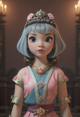 1girl,solo,looking at viewer,short hair,bangs,blue eyes,hair ornament,dress,jewelry,closed mouth,blue hair,upper body,flower,grey hair,parted lips,artist name,hair flower,blunt bangs,necklace,blurry,bracelet,lips,sash,eyelashes,makeup,blurry background,tiara,gem,pink dress,pink flower,armlet,nose,arms at sides,candle,short sleeves,indoors,watermark,floral print,web address,freckles,realistic