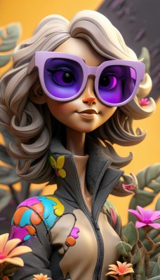 1girl,solo,long hair,breasts,looking at viewer,smile,purple eyes,jacket,upper body,flower,grey hair,small breasts,wings,artist name,hair flower,mole,blurry,lips,eyelashes,bodysuit,makeup,bird,animal,leaf,watermark,sunglasses,bug,plant,lipstick,zipper,freckles,curly hair,high collar,tinted eyewear,purple-tinted eyewear,jewelry,heart,earrings,glasses,web address,nose,purple flower,unzipped,heart-shaped eyewear,purple-framed eyewear