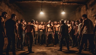 short hair,multiple girls,black hair,hat,weapon,male focus,multiple boys,pants,indoors,muscular,facial hair,abs,6+boys,topless male,realistic,everyone,bald,sepia,chandelier,shirt,jacket,shoes,glasses,mask,crossed arms,sunglasses,tank top,denim,sneakers,beard,jeans