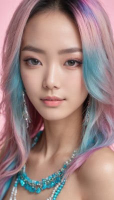 1girl,solo,long hair,looking at viewer,smile,simple background,bare shoulders,brown eyes,jewelry,closed mouth,blue hair,upper body,pink hair,multicolored hair,earrings,necklace,black eyes,two-tone hair,lips,grey eyes,eyelashes,gradient hair,makeup,pink background,portrait,close-up,forehead,beads,realistic,nose,pearl necklace,parted lips