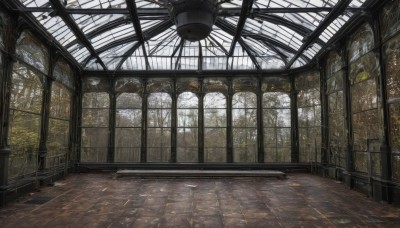 day,indoors,tree,dutch angle,no humans,window,sunlight,scenery,light rays,tiles,tile floor,pillar,ceiling,ceiling light,chair,plant,wooden floor,reflective floor,chandelier,vanishing point