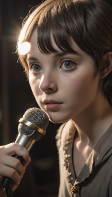 1girl,solo,looking at viewer,short hair,bangs,brown hair,shirt,black hair,holding,brown eyes,jewelry,green eyes,upper body,earrings,parted lips,teeth,necklace,blurry,lips,portrait,microphone,freckles,realistic,nose,music,holding microphone,light