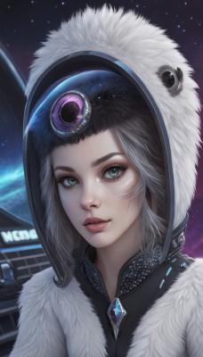 1girl,solo,looking at viewer,smile,blue eyes,jewelry,closed mouth,green eyes,upper body,grey hair,sky,artist name,signature,hood,aqua eyes,lips,coat,fur trim,eyelashes,makeup,night,lipstick,gem,portrait,star (sky),eyeshadow,hood up,starry sky,realistic,nose,winter clothes,red lips,space,parka,black hair,parted lips,watermark,web address,freckles,science fiction,eyeliner,mascara