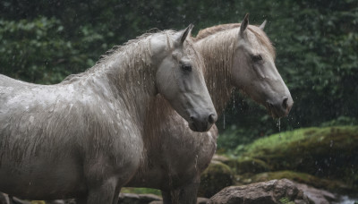 outdoors, water, blurry, no humans, animal, nature, rain, realistic, animal focus, horse