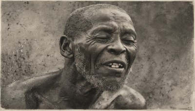 solo,1boy,monochrome,greyscale,male focus,teeth,facial hair,traditional media,clenched teeth,portrait,beard,realistic,mustache,bald,manly,old,old man,wrinkled skin,closed eyes,signature,scar,sepia,brown theme