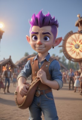 solo,looking at viewer,smile,short hair,shirt,1boy,holding,jewelry,purple eyes,purple hair,male focus,earrings,outdoors,solo focus,day,pointy ears,belt,pants,artist name,blurry,vest,blurry background,blue shirt,denim,instrument,child,sleeves rolled up,jeans,biting,male child,playing instrument,crowd,mohawk,people,lalafell,brown eyes,sky,teeth,collared shirt,necklace,blue sky,colored skin,buckle,brown belt