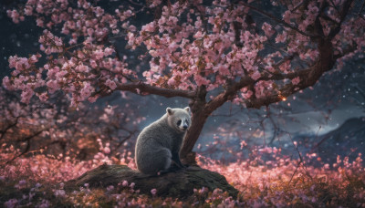 outdoors, sky, blurry, tree, petals, no humans, night, animal, cherry blossoms, night sky, scenery, branch