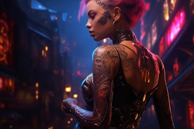 1girl,solo,breasts,short hair,bare shoulders,jewelry,medium breasts,closed eyes,upper body,pink hair,red hair,earrings,outdoors,choker,hair bun,from behind,blurry,lips,tattoo,profile,makeup,night,blurry background,piercing,single hair bun,ear piercing,science fiction,city,arm tattoo,undercut,facial tattoo,cyborg,cyberpunk,neck tattoo,back tattoo,neon lights,dark skin,dark-skinned female,nose,very short hair