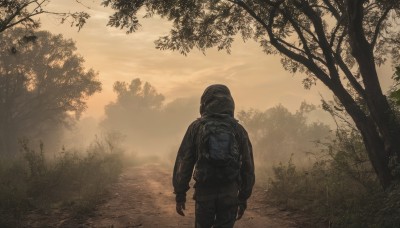 solo,gloves,long sleeves,1boy,standing,jacket,male focus,outdoors,sky,black gloves,pants,cloud,fingerless gloves,bag,from behind,tree,black jacket,gun,black pants,backpack,helmet,cloudy sky,nature,scenery,1other,forest,walking,ambiguous gender,military