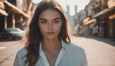 1girl,solo,long hair,looking at viewer,brown hair,shirt,black hair,brown eyes,collarbone,white shirt,upper body,outdoors,parted lips,day,collared shirt,dark skin,blurry,dark-skinned female,lips,eyelashes,depth of field,blurry background,thick eyebrows,ground vehicle,motor vehicle,forehead,realistic,nose,car,road,sunlight,blue shirt,portrait,backlighting,street,photo background