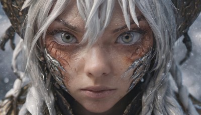 1girl,solo,long hair,looking at viewer,bangs,hair between eyes,closed mouth,green eyes,yellow eyes,braid,white hair,grey hair,horns,blurry,lips,wet,grey eyes,eyelashes,depth of field,blurry background,portrait,snow,close-up,dragon horns,dragon girl,snowing,realistic,scales,straight-on,au ra,eye focus,scar,freckles,nose