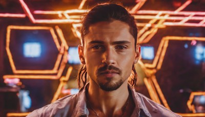 solo,looking at viewer,brown hair,shirt,black hair,1boy,jewelry,closed mouth,white shirt,male focus,collared shirt,dark skin,necklace,blurry,black eyes,blurry background,facial hair,dark-skinned male,portrait,beard,realistic,mustache,animification,dreadlocks,brown eyes,upper body,lips,chain,manly