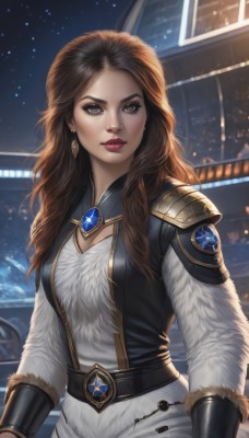 1girl,solo,long hair,breasts,looking at viewer,blue eyes,brown hair,long sleeves,dress,cleavage,brown eyes,jewelry,medium breasts,upper body,earrings,belt,armor,lips,coat,fur trim,makeup,night,lipstick,brooch,shoulder armor,gem,snow,eyeshadow,snowing,nose,red lips,outdoors,artist name,necklace,star (sky),forehead,backlighting,realistic,emblem