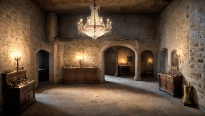 HQ,indoors,no humans,window,fire,scenery,stairs,door,light,lamp,candle,wall,torch,candlestand,chandelier,fireplace,table,brick wall,statue,arch