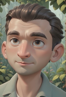 solo,looking at viewer,smile,short hair,brown hair,shirt,1boy,brown eyes,closed mouth,white shirt,male focus,sweat,outdoors,day,collared shirt,blurry,lips,blurry background,leaf,thick eyebrows,plant,portrait,nature,freckles,realistic,nose,male child,black hair,jacket,facial hair,close-up