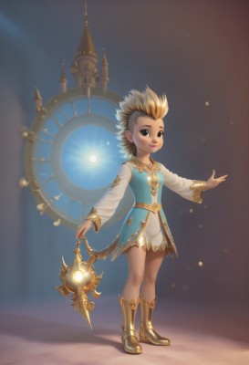 1girl,solo,looking at viewer,smile,short hair,blonde hair,long sleeves,dress,holding,brown eyes,jewelry,standing,full body,multicolored hair,earrings,boots,artist name,black eyes,two-tone hair,lips,blue dress,spiked hair,child,clock,weapon,necklace,staff,mohawk