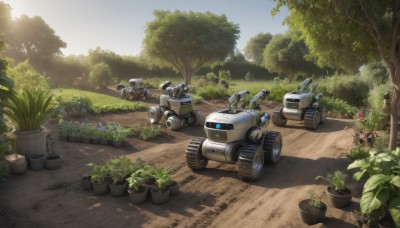 weapon,flower,outdoors,multiple boys,day,tree,gun,military,no humans,sunlight,grass,plant,robot,ground vehicle,nature,scenery,motor vehicle,forest,military vehicle,car,potted plant,road,bush,tank,camouflage,vehicle focus,machine gun,caterpillar tracks,sky,mecha,science fiction