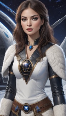 1girl,solo,long hair,breasts,looking at viewer,brown hair,long sleeves,cleavage,brown eyes,jewelry,medium breasts,upper body,sky,choker,belt,artist name,lips,fur trim,makeup,lipstick,brooch,gem,star (sky),starry sky,nose,red lips,space,planet,earrings,parted lips,necklace,realistic