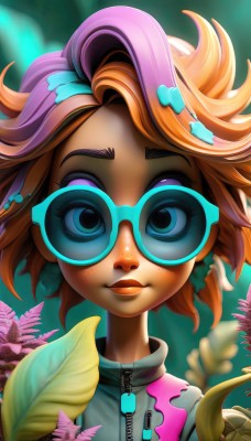 1girl,solo,looking at viewer,smile,short hair,blue eyes,brown hair,hair ornament,jewelry,closed mouth,jacket,upper body,pink hair,flower,multicolored hair,earrings,glasses,hairclip,artist name,orange hair,blurry,two-tone hair,lips,eyelashes,makeup,blurry background,leaf,watermark,piercing,thick eyebrows,plant,lipstick,ear piercing,portrait,eyeshadow,zipper,freckles,round eyewear,tinted eyewear,blonde hair,purple hair,star (symbol),depth of field,sunglasses,messy hair,pink lips,nose