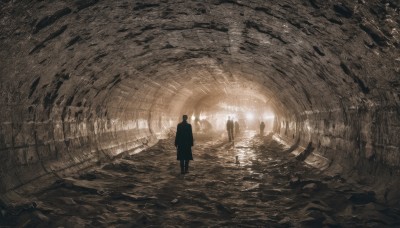 solo,1boy,standing,monochrome,water,from behind,scenery,reflection,silhouette,light,multiple others,ambiguous gender,1girl,greyscale,coat,sunlight,1other,wading,light rays,ripples