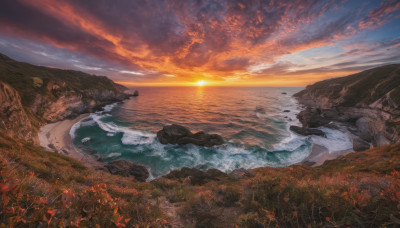 outdoors, sky, cloud, water, dutch angle, no humans, ocean, cloudy sky, scenery, sunset, mountain, horizon, field, landscape