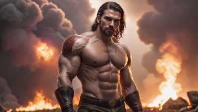 solo,long hair,looking at viewer,black hair,1boy,navel,closed mouth,nipples,male focus,outdoors,belt,pants,medium hair,stomach,armor,muscular,facial hair,scar,abs,thick eyebrows,fire,pectorals,muscular male,bara,beard,scar on face,smoke,large pectorals,veins,topless male,mature male,mustache,manly,chest hair,biceps,navel hair,arm hair,embers,veiny arms,brown hair,cloud,dark skin,tattoo,dark-skinned male