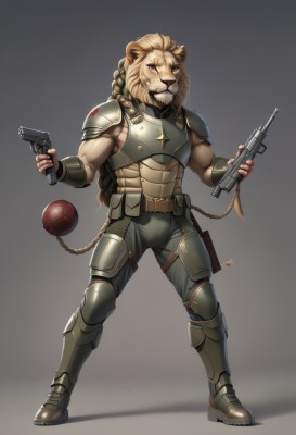 solo,long hair,looking at viewer,smile,blonde hair,simple background,red eyes,1boy,holding,animal ears,brown eyes,very long hair,standing,full body,weapon,braid,male focus,boots,teeth,belt,pants,artist name,fingerless gloves,grey background,holding weapon,armor,gradient,gun,gradient background,muscular,facial hair,fangs,shoulder armor,holding gun,beard,furry,handgun,dual wielding,pouch,breastplate,armored boots,furry male,lion ears,explosive,whiskers,snout,brown fur,lion tail,grenade,finger on trigger,lion,leg armor,lion boy,grenade launcher,scar,scar across eye,furrification