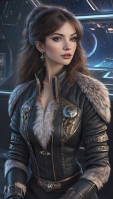 1girl,solo,long hair,breasts,looking at viewer,brown hair,gloves,cleavage,brown eyes,jewelry,jacket,upper body,earrings,parted lips,black gloves,belt,star (symbol),lips,fur trim,window,makeup,moon,lipstick,star (sky),science fiction,realistic,nose,red lips,space,leather,planet,leather jacket,medium breasts,black jacket,looking to the side,spacecraft