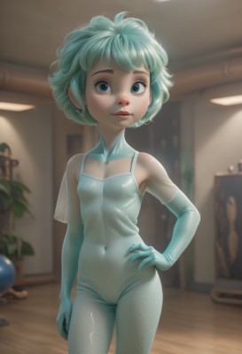 1girl,solo,breasts,looking at viewer,smile,short hair,blue eyes,gloves,navel,jewelry,standing,cowboy shot,earrings,small breasts,green hair,elbow gloves,shiny,indoors,blurry,flat chest,lips,see-through,hand on hip,loli,aqua hair,bodysuit,covered navel,depth of field,blurry background,cameltoe,skin tight,freckles,curly hair,blush,white gloves