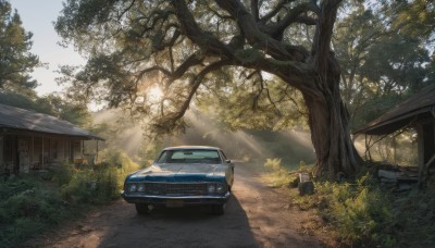 outdoors,sky,day,tree,no humans,sunlight,grass,plant,ground vehicle,building,nature,scenery,motor vehicle,forest,light rays,car,road,bush,house,vehicle focus,window