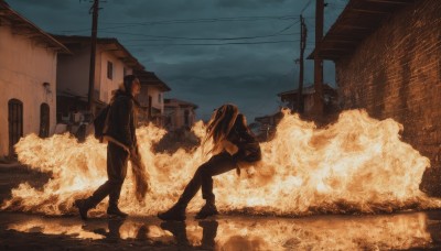 1girl,long hair,short hair,long sleeves,1boy,hat,holding,standing,jacket,outdoors,sky,shoes,pants,cloud,hood,bag,looking at another,black jacket,hoodie,black pants,cloudy sky,building,smoke,walking,hands in pockets,road,house,sepia,power lines,utility pole,black hair,monochrome,weapon,scarf,gun,backpack,sneakers,scenery,street,puddle