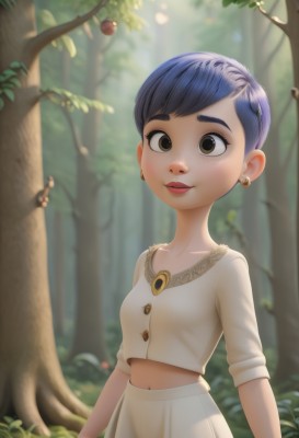 1girl,solo,breasts,looking at viewer,smile,short hair,bangs,skirt,shirt,navel,brown eyes,jewelry,closed mouth,blue hair,standing,collarbone,white shirt,purple hair,earrings,small breasts,outdoors,day,midriff,artist name,blurry,tree,lips,makeup,fruit,depth of field,blurry background,thick eyebrows,white skirt,nature,forest,freckles,nose,stud earrings,mushroom,parted lips,food,lipstick