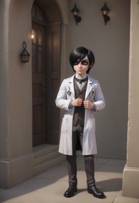 solo,looking at viewer,smile,black hair,1boy,bow,standing,full body,male focus,shoes,pants,indoors,bowtie,black eyes,vest,mask,door,labcoat,candle,stethoscope,1girl,short hair,artist name,black footwear,lips,watermark,black pants,lamp,domino mask,doctor