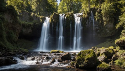 outdoors,day,water,tree,no humans,sunlight,nature,scenery,forest,rock,river,waterfall,cliff,moss,landscape,stream