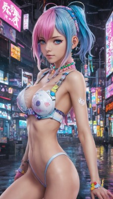 1girl,solo,long hair,breasts,looking at viewer,short hair,bangs,blue eyes,hair ornament,navel,cleavage,bare shoulders,jewelry,medium breasts,underwear,blue hair,standing,panties,swimsuit,ponytail,pink hair,bikini,multicolored hair,cowboy shot,earrings,outdoors,parted lips,choker,necklace,stomach,nail polish,bra,bracelet,two-tone hair,lips,streaked hair,wet,tattoo,makeup,night,white bikini,piercing,scrunchie,building,ear piercing,hair scrunchie,white bra,city,realistic,navel piercing,cyberpunk,gloves,closed mouth,collarbone,ahoge,sidelocks,shiny,artist name,signature,fingerless gloves,star (symbol),mole,from side,fingernails,shiny skin,eyelashes,watermark,highleg,light smile,animal print,ground vehicle,web address,pink nails,single glove,rain,beads,mole on breast,water drop,partially fingerless gloves,car,road,artist logo,highleg bikini,badge,print bikini,street,neon lights