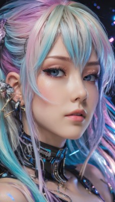 1girl,solo,long hair,looking at viewer,bangs,blue eyes,hair ornament,bare shoulders,jewelry,blue hair,pink hair,multicolored hair,earrings,parted lips,choker,necklace,collar,two-tone hair,lips,eyelashes,aqua hair,gradient hair,makeup,piercing,lipstick,ear piercing,portrait,close-up,eyeshadow,realistic,nose,red lips,mascara,hair between eyes,sidelocks