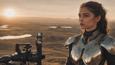 1girl,solo,long hair,blue eyes,brown hair,upper body,outdoors,dark skin,armor,blurry,lips,blurry background,ocean,shoulder armor,freckles,pauldrons,sunset,breastplate,realistic,camera,weapon,water,gun,beach,sunlight,rifle,sand,sun,sniper rifle,scope,shore