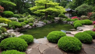 flower,outdoors,day,water,tree,no humans,grass,plant,nature,scenery,forest,rock,road,bush,architecture,east asian architecture,river,path,stone,pond,stone lantern,building,moss,garden