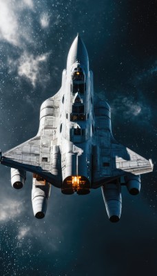 sky,cloud,signature,military,no humans,night,star (sky),night sky,starry sky,flying,science fiction,realistic,aircraft,military vehicle,airplane,space,vehicle focus,spacecraft,jet,missile,fighter jet,pilot,star (symbol),milky way