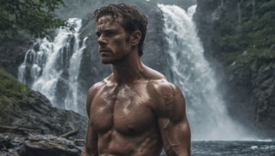 solo, short hair, black hair, 1boy, nipples, upper body, male focus, outdoors, dark skin, water, tree, muscular, facial hair, scar, dark-skinned male, pectorals, muscular male, bara, realistic, stubble, manly, chest hair, waterfall