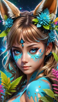 1girl,solo,long hair,breasts,looking at viewer,bangs,blue eyes,brown hair,hair ornament,animal ears,jewelry,medium breasts,closed mouth,upper body,flower,earrings,shiny,artist name,hair flower,from side,lips,animal ear fluff,fox ears,eyelashes,makeup,leaf,watermark,facial mark,piercing,plant,gem,portrait,light particles,eyeshadow,freckles,blue flower,pink lips,nose,stud earrings,eyeliner,facepaint,mascara,extra ears,bodypaint