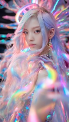 1girl,solo,long hair,looking at viewer,dress,bare shoulders,jewelry,closed mouth,upper body,white hair,earrings,sleeveless,necklace,blurry,black eyes,lips,grey eyes,depth of field,blue dress,halo,gem,realistic,nose,breasts,brown eyes,pink hair,from side