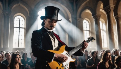 long hair,multiple girls,shirt,black hair,long sleeves,1boy,hat,bow,holding,jacket,white shirt,male focus,multiple boys,necktie,solo focus,collared shirt,indoors,bowtie,necklace,vest,black jacket,window,black headwear,black bow,facial hair,formal,sunlight,suit,instrument,beard,6+boys,light rays,black bowtie,top hat,realistic,mustache,music,guitar,bald,playing instrument,holding instrument,electric guitar,traditional bowtie,crowd,tuxedo,parody,real life insert