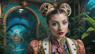 1girl,solo,looking at viewer,short hair,blue eyes,black hair,hair ornament,dress,jewelry,closed mouth,upper body,earrings,indoors,hair bun,lips,double bun,makeup,leaf,chinese clothes,plant,lipstick,portrait,eyeshadow,reflection,mirror,realistic,nose,bun cover,red lips,nail polish,blurry